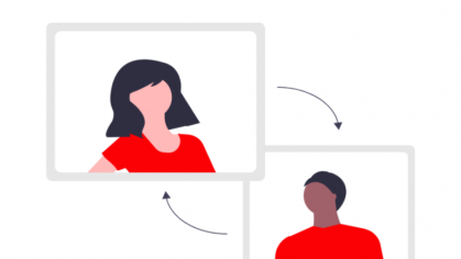 stylized man and woman web conferencing
